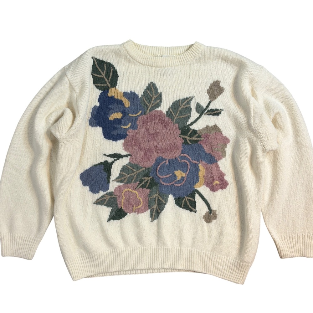 Alfred Dunner Floral Embroidered Crew Neck Sweater Cream Beige XL